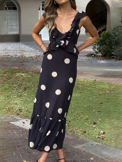 Black midi formal dress with printed pattern, alternate view showing the hem