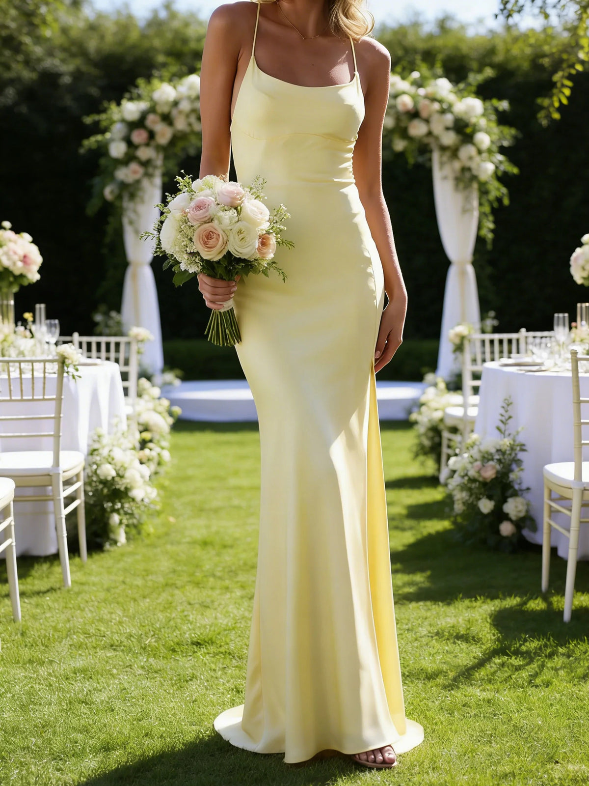 Yellow maxi bridesmaid dress, alternate view showing the full-length profile