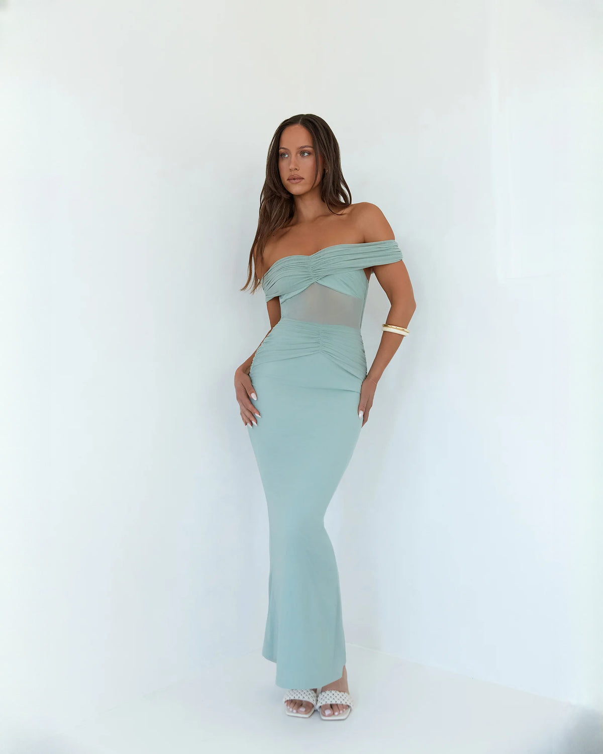 off-shoulder satin a-line maxi bridesmaid dress - image 6