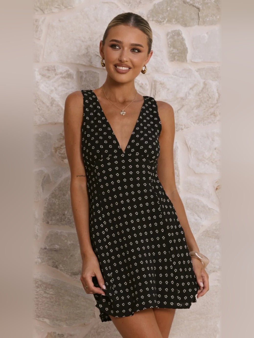 Black Floral mini homecoming dress, alternate view showing the full-length profile
