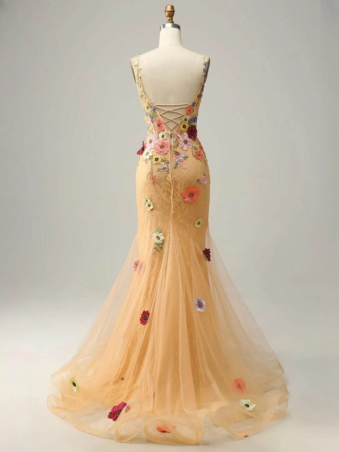 Orange floor-length prom dress, alternate view showing the full-length profile