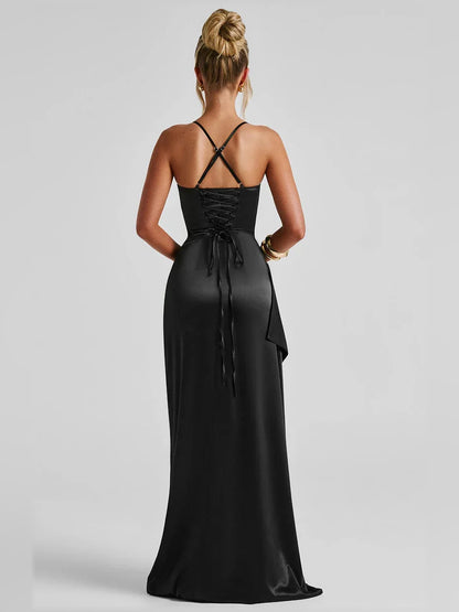 Taupe sheath floor-length formal dress with skirt slit, alternate view showing the hem