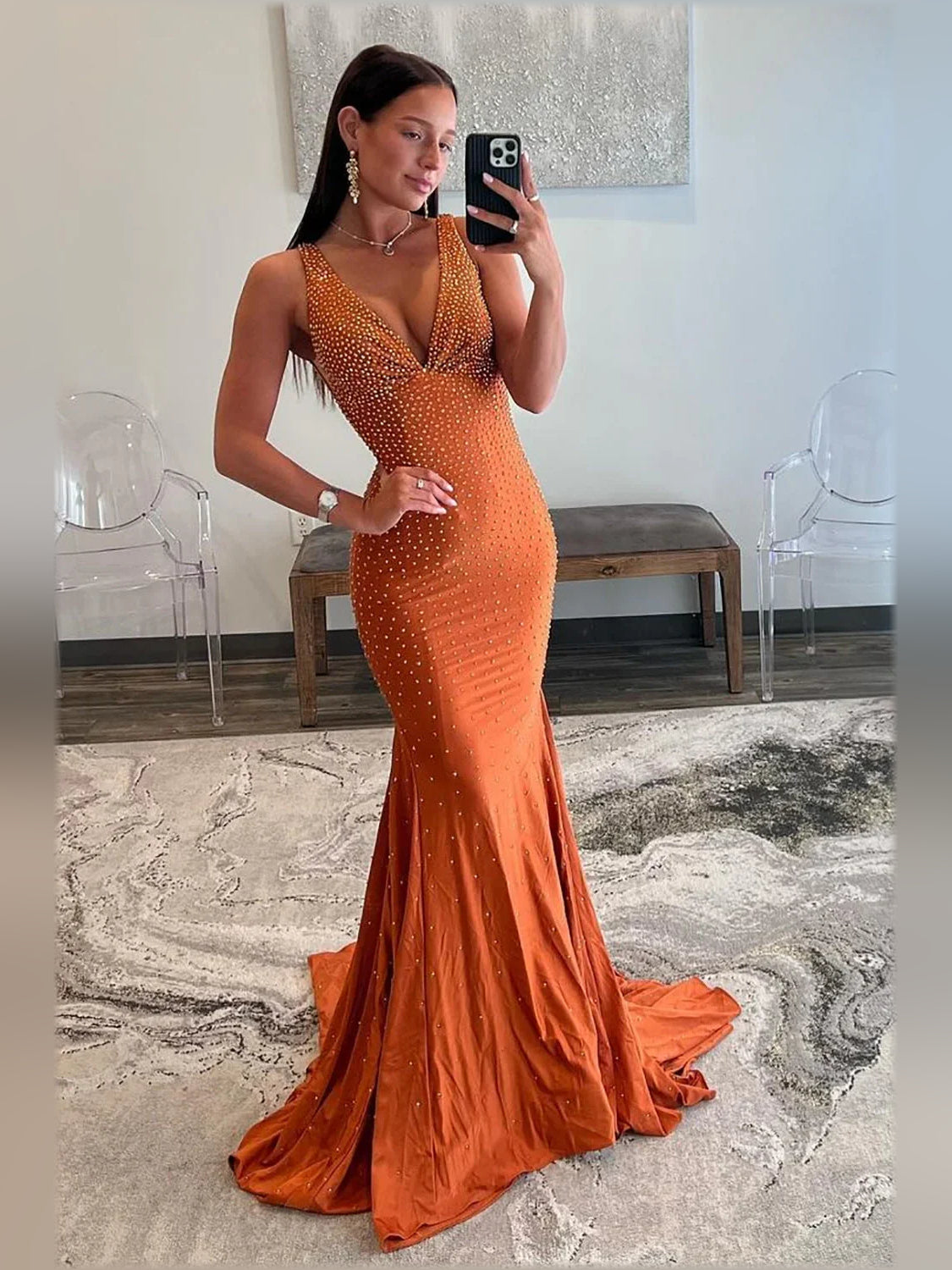 Rust mermaid maxi formal dress with beading, alternate view