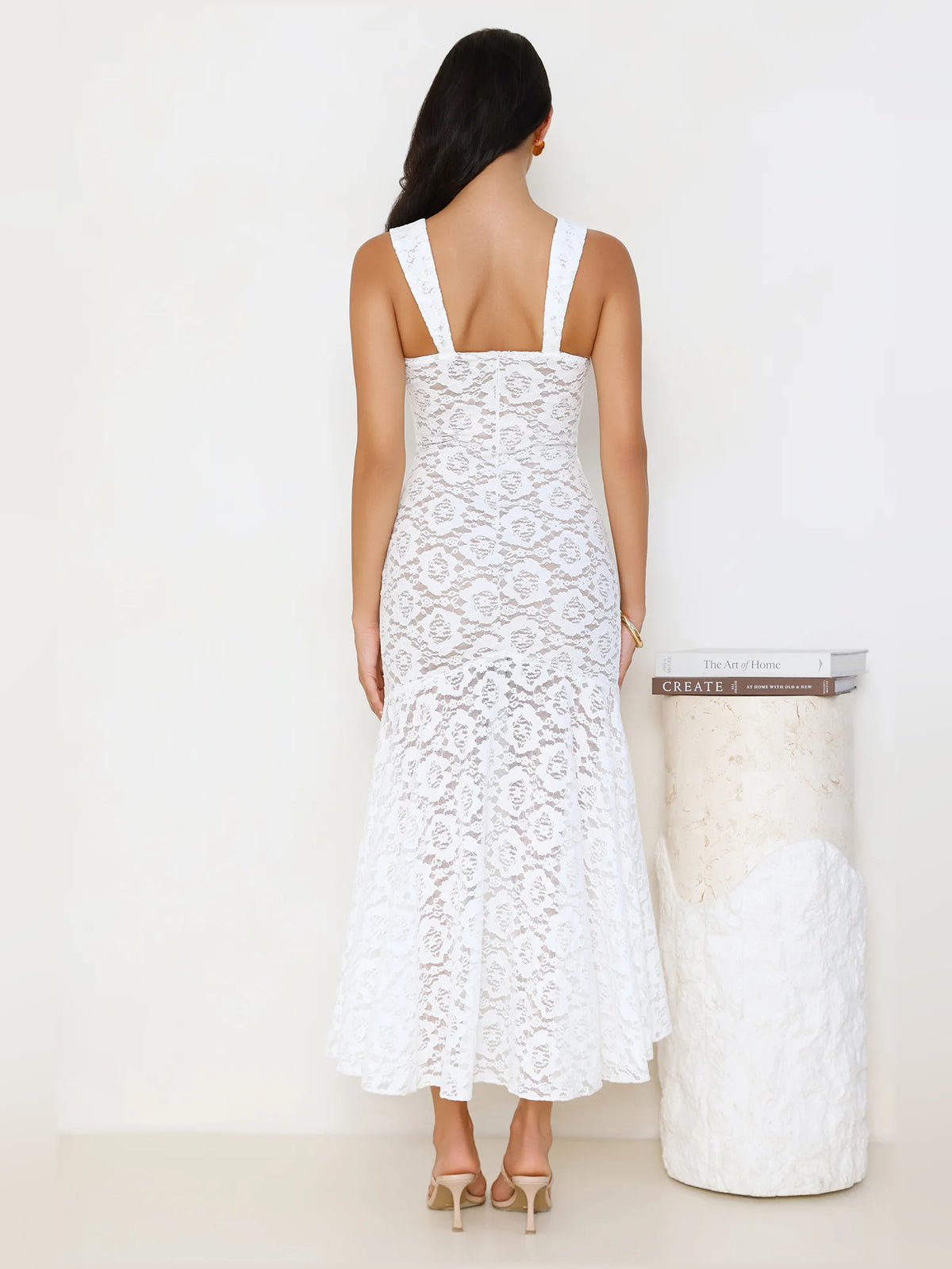 White midi formal dress, alternate view showing the hem