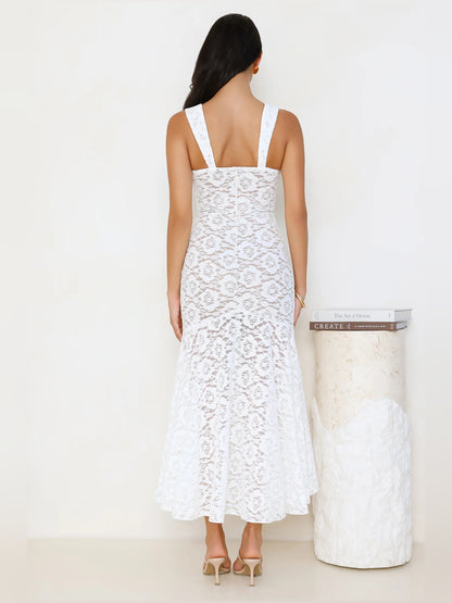 White midi formal dress, alternate view showing the hem