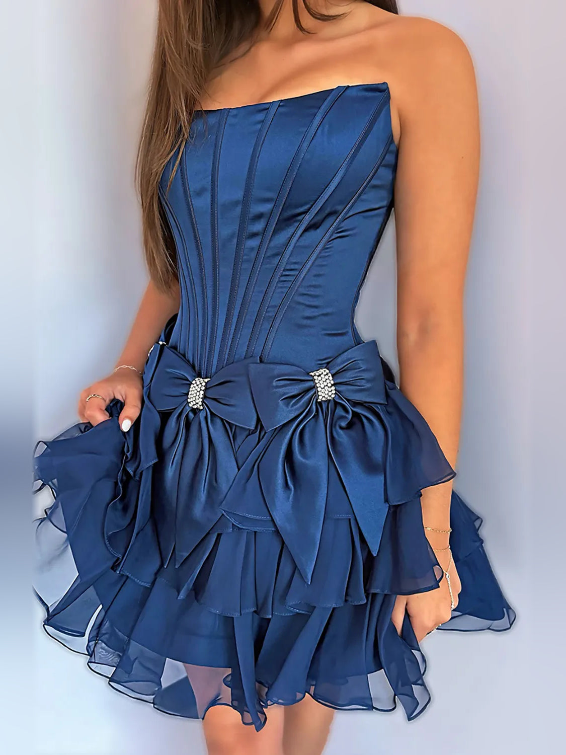 Black mini homecoming dress, alternate view showing the full-length profile