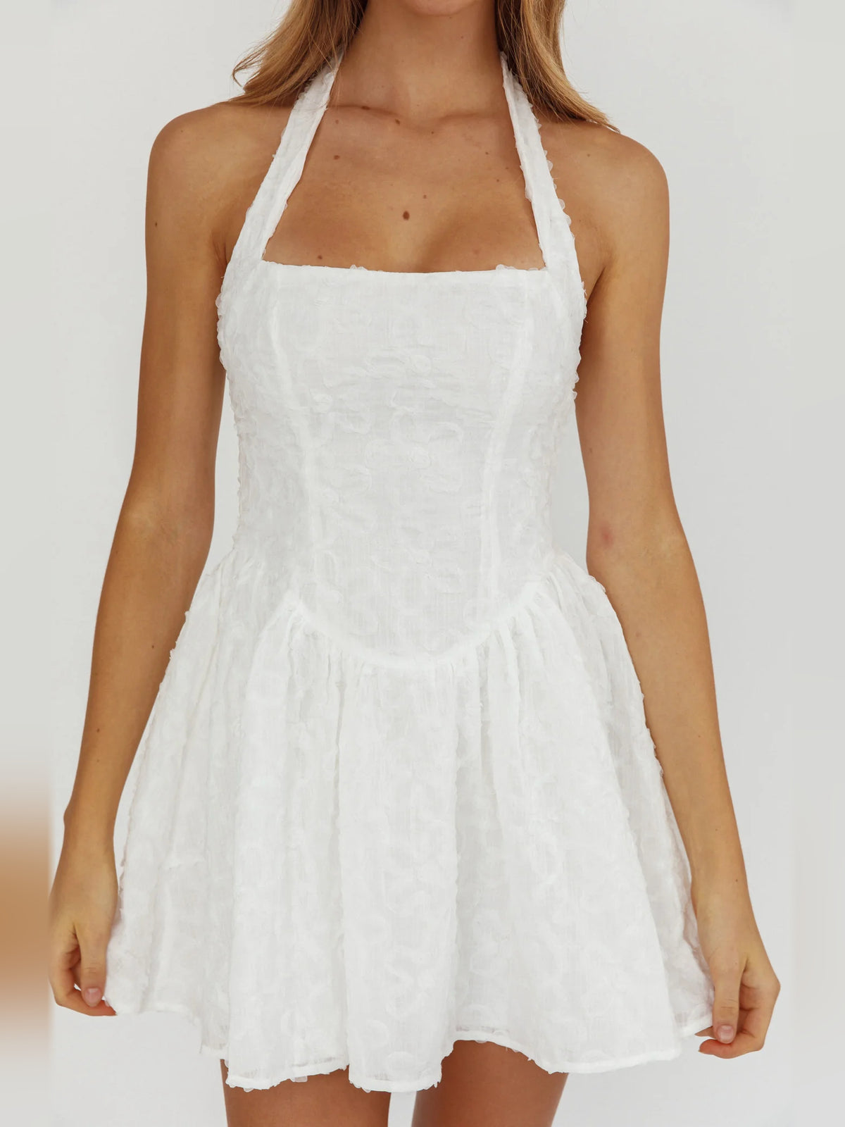 White mini homecoming dress, alternate view showing the full-length profile