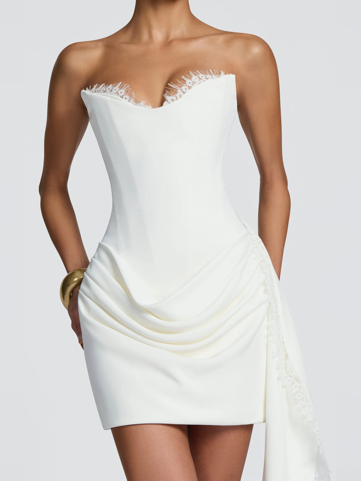 Ivory mini homecoming dress, alternate view showing the full-length profile