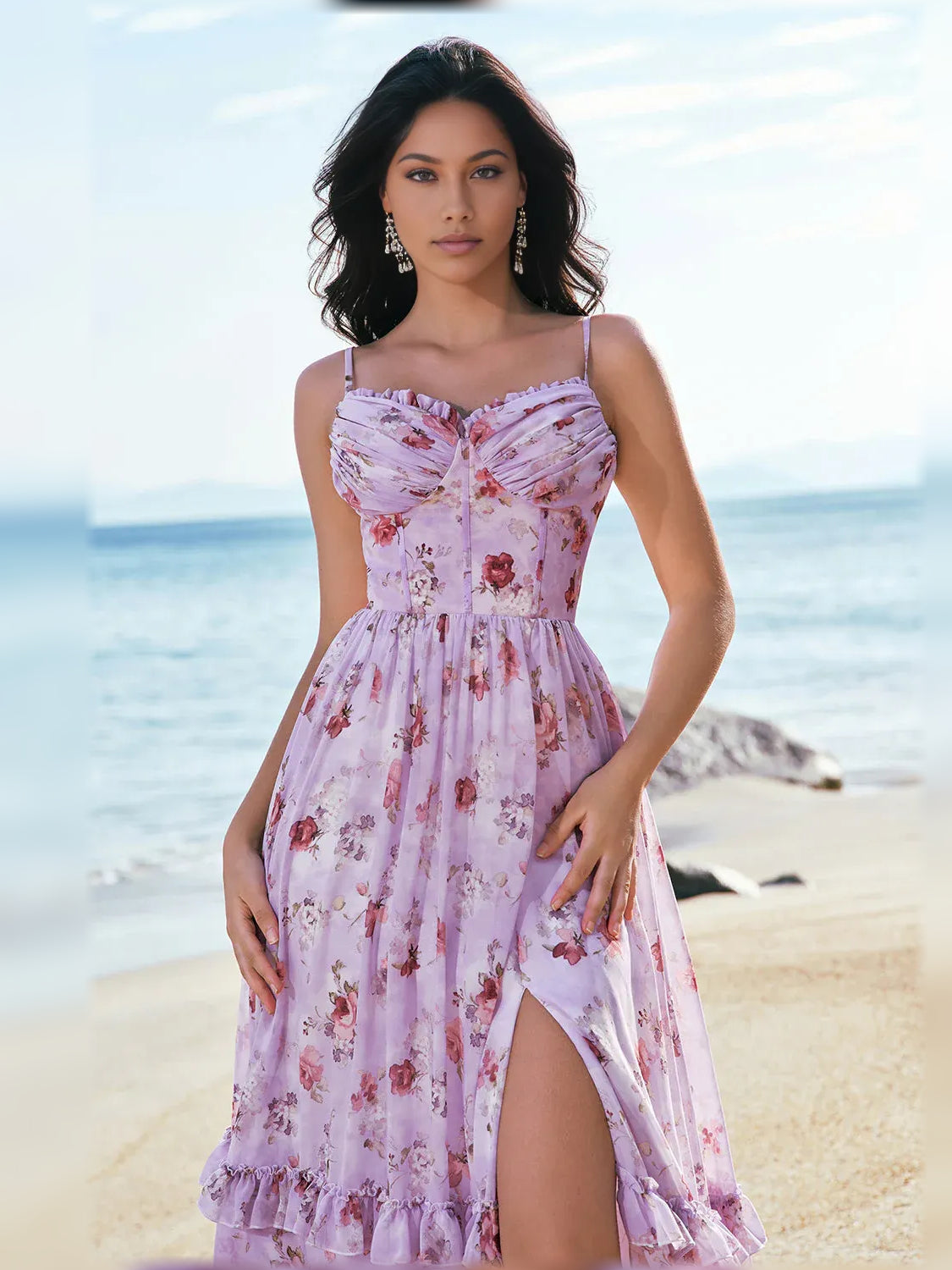 As Picture a-line floor-length formal dress with floral print, alternate view