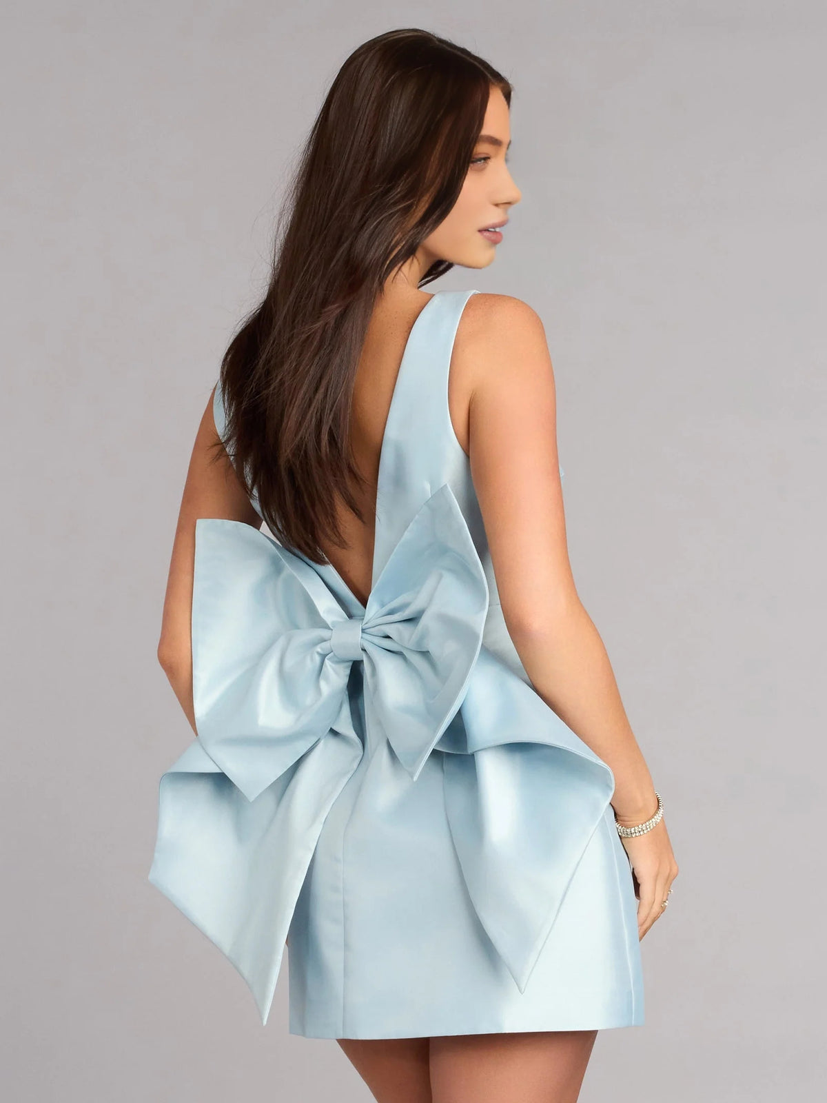 Gold mini homecoming dress, alternate view showing the full-length profile