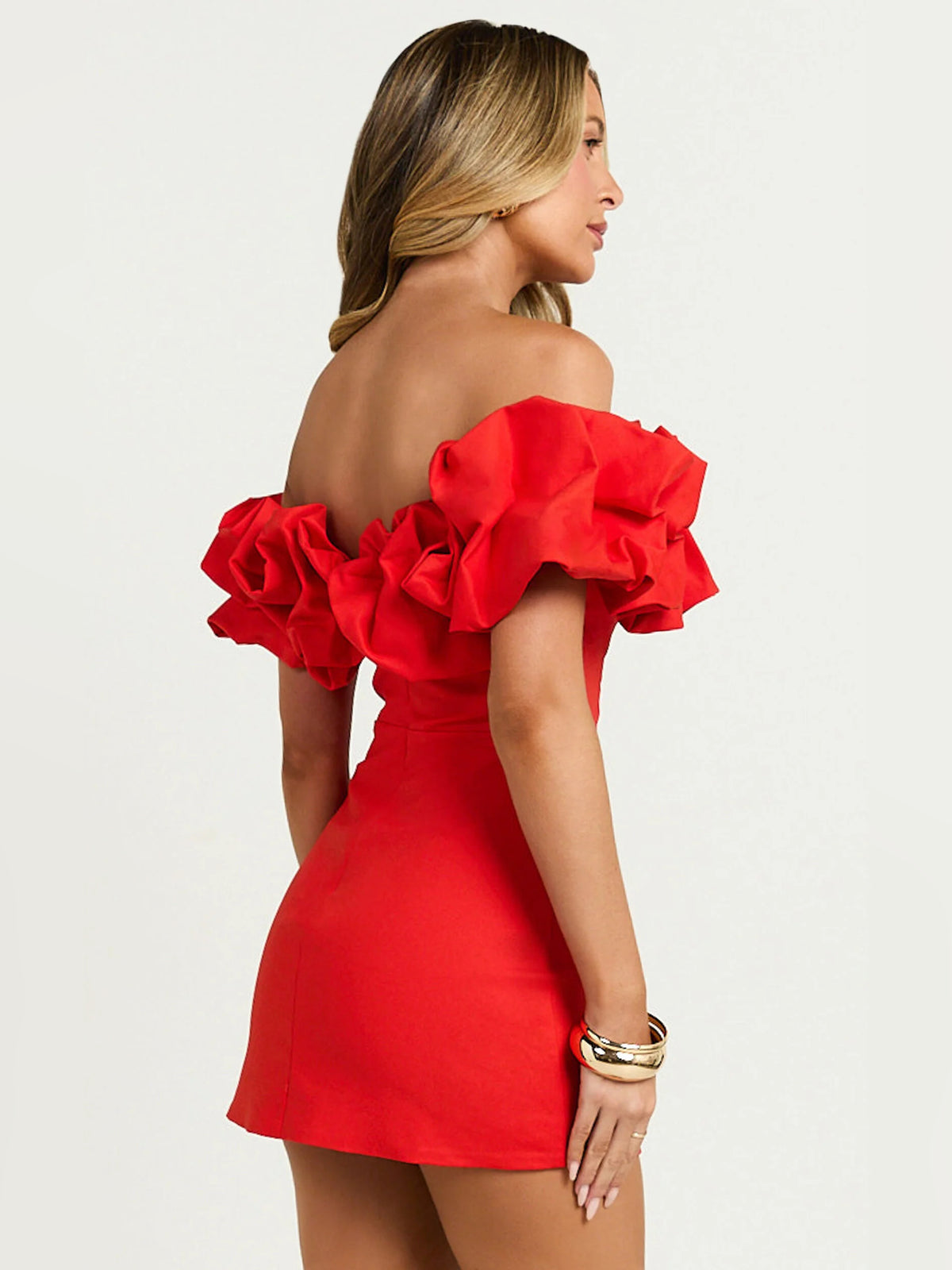 Red mini homecoming dress, alternate view showing the full-length profile