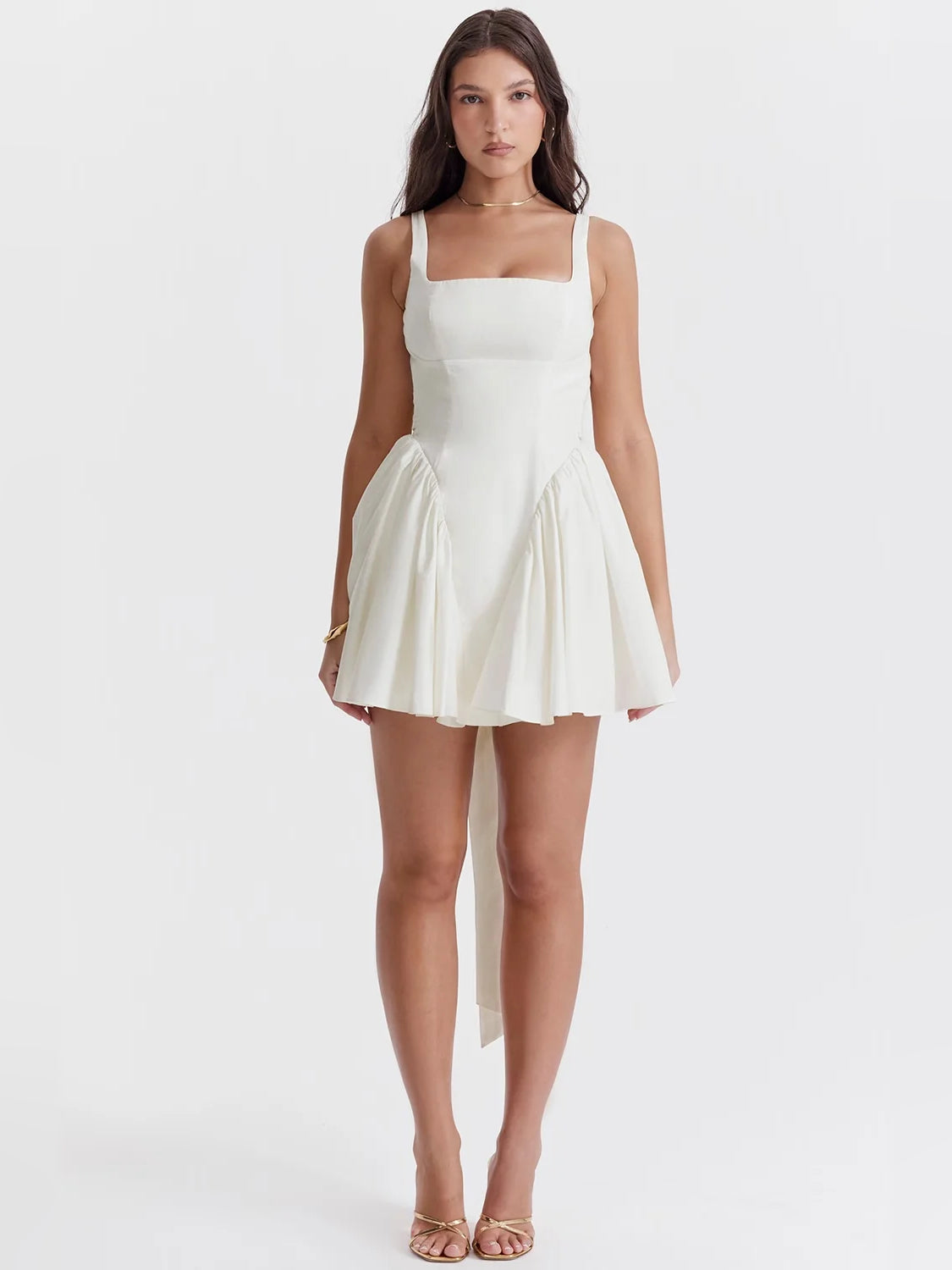 Ivory mini homecoming dress, alternate view showing the full-length profile