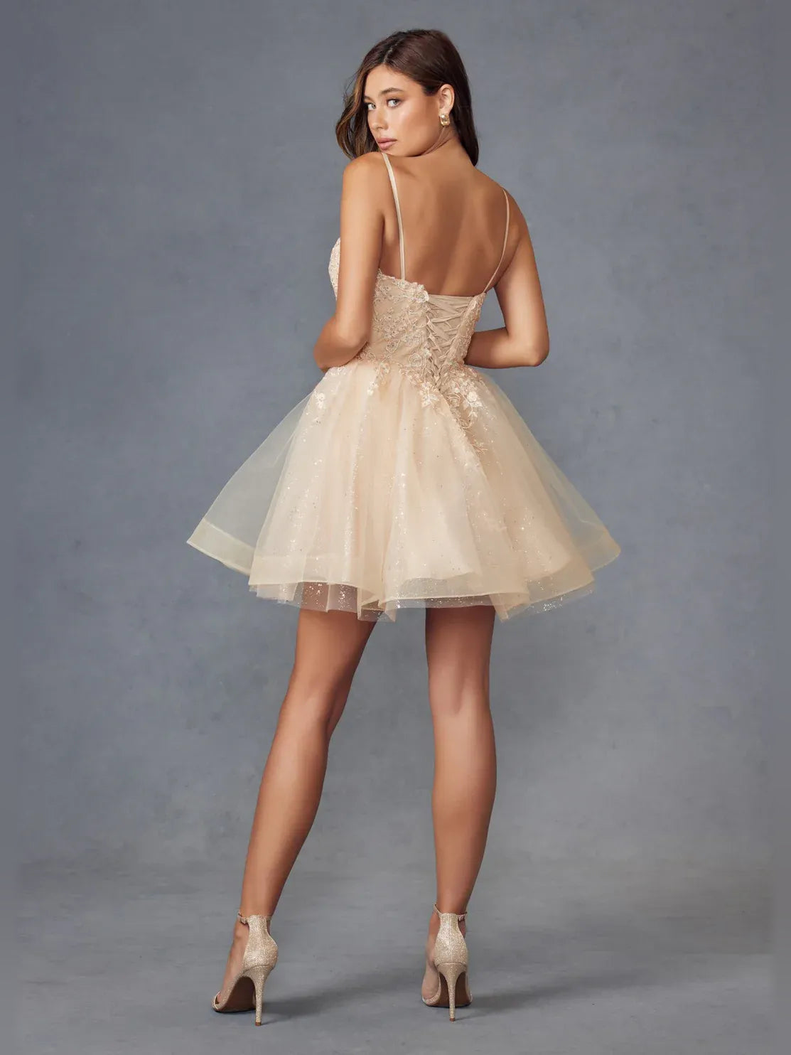 Teal short homecoming dress, alternate view showing the full-length profile