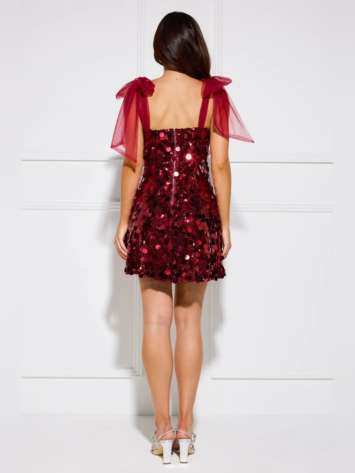 Red mini homecoming dress, alternate view showing the full-length profile