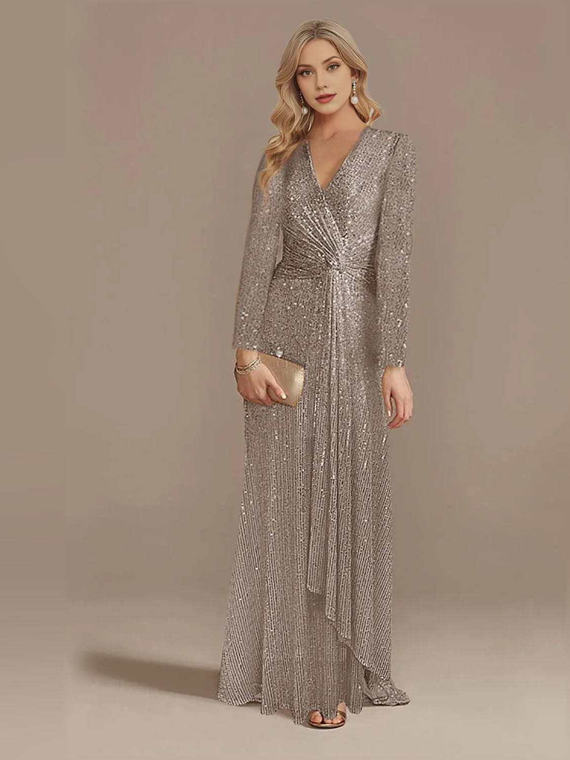Silver sheath floor-length formal dress with draping, alternate view