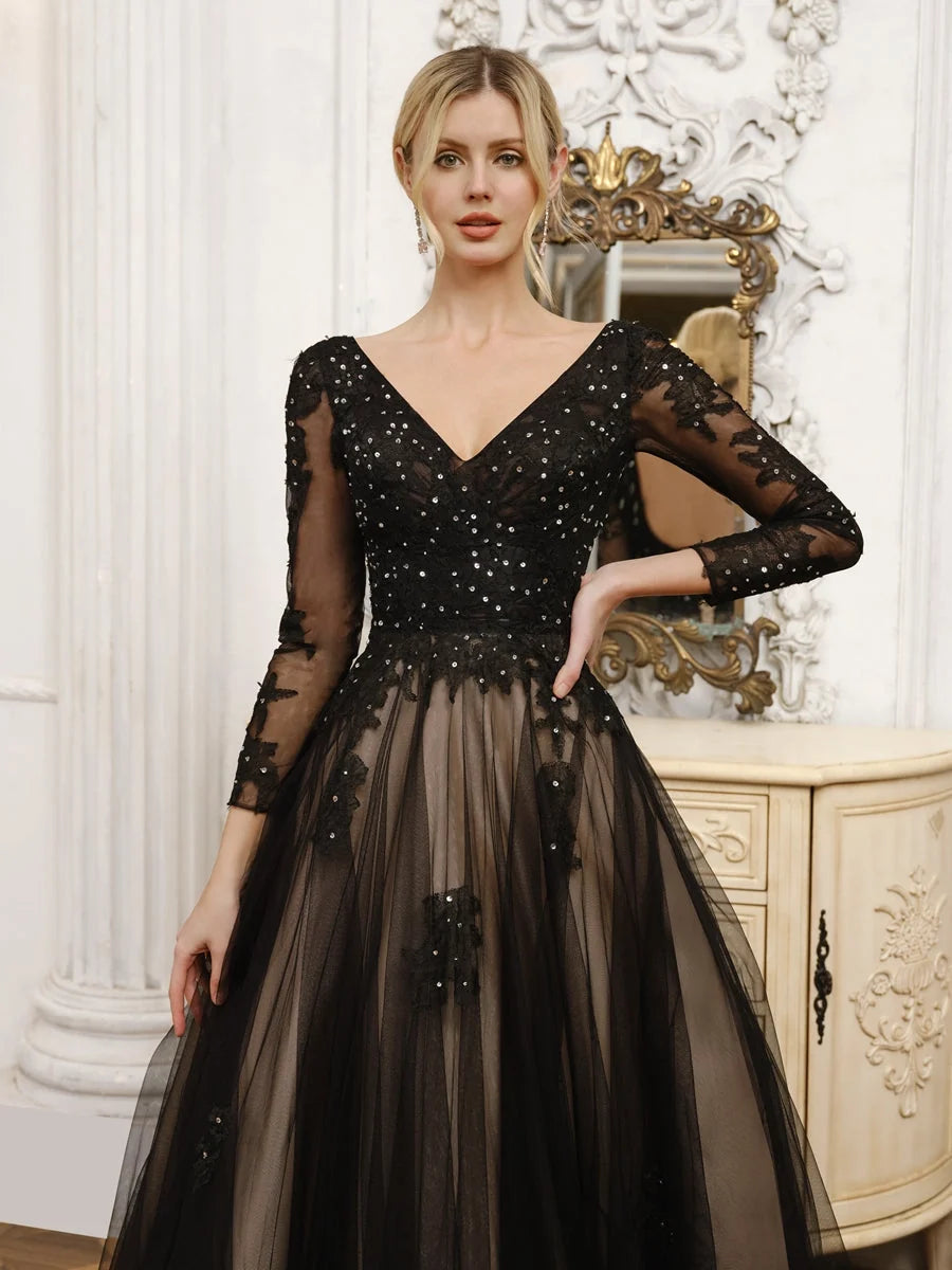 Black floor-length wedding dress, alternate view showing the full-length profile