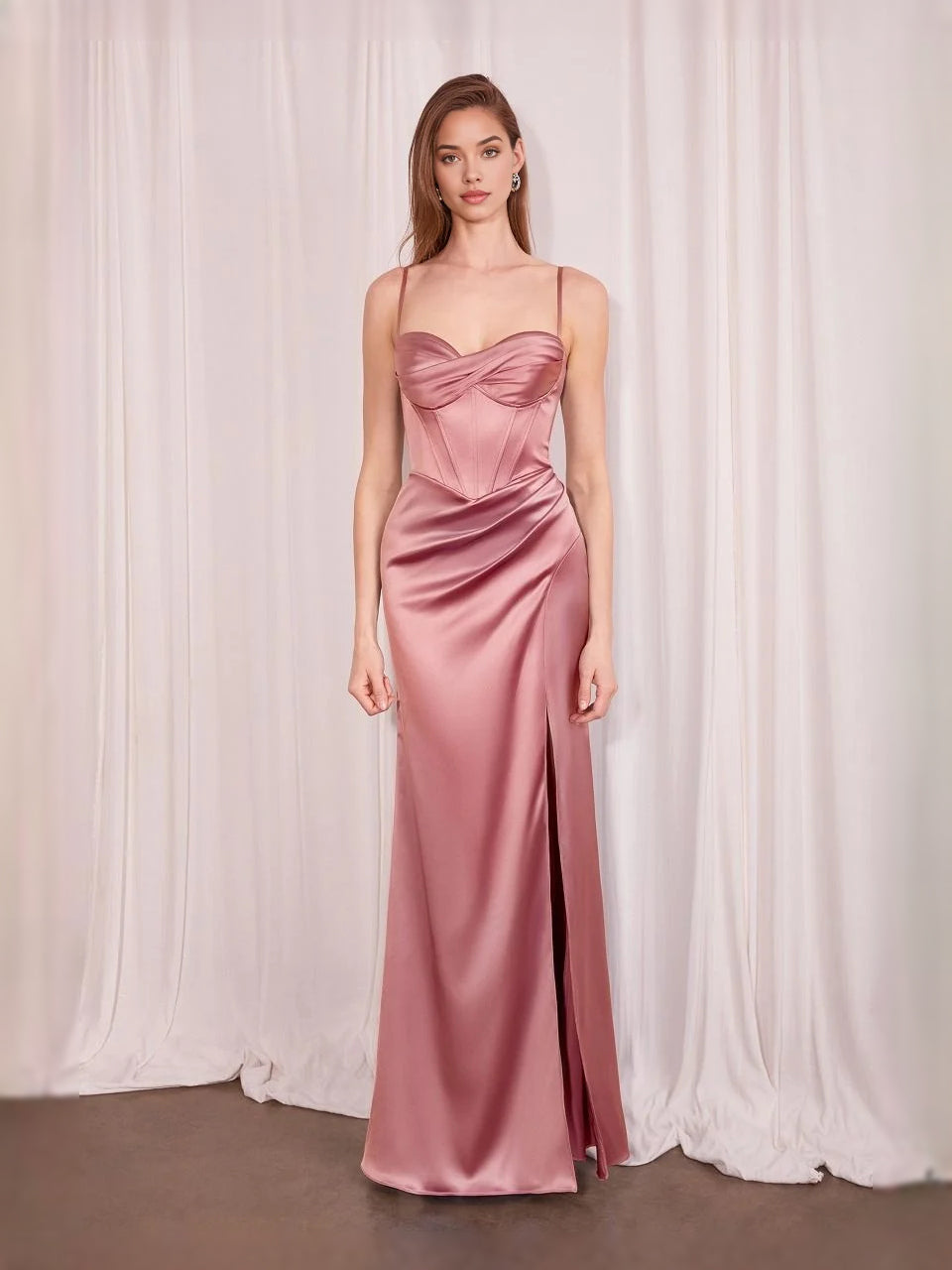 Dusty Rose floor-length prom dress, alternate view showing the full-length profile