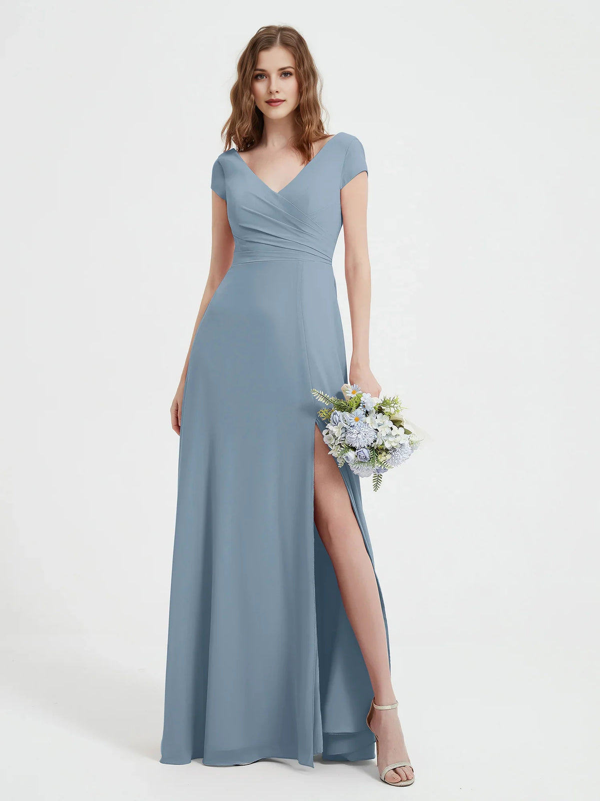 Champagne maxi bridesmaid dress, alternate view showing the full-length profile