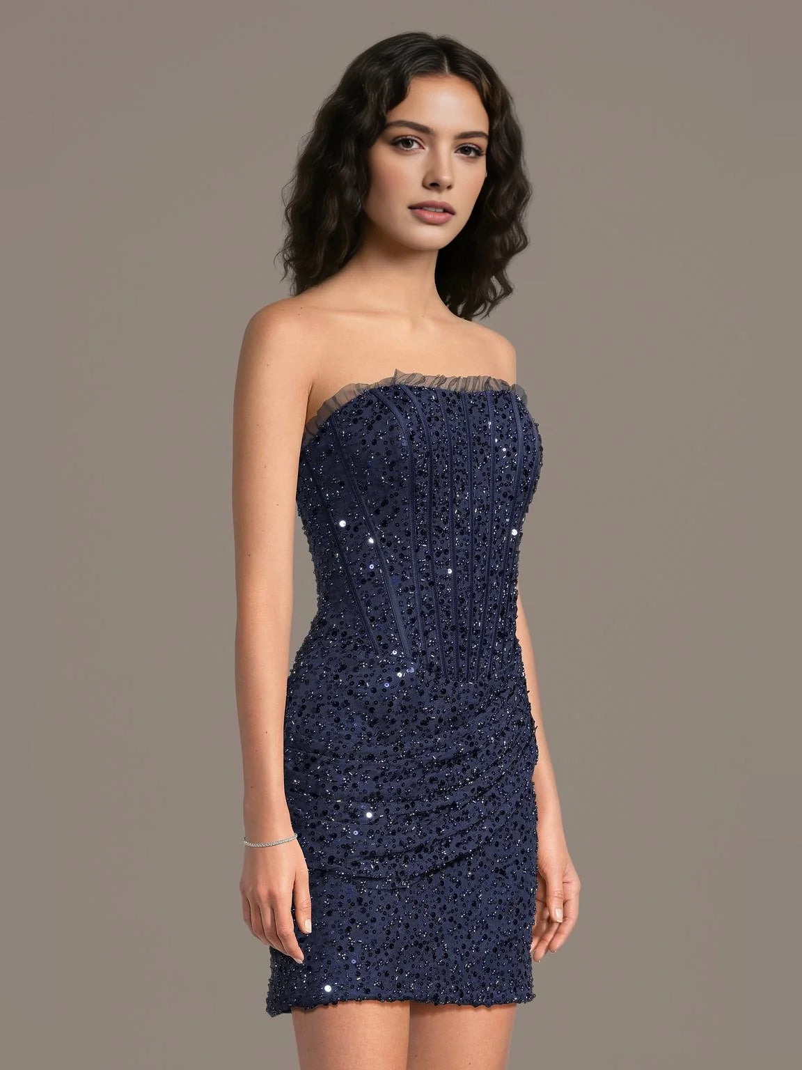 Navy Blue mini homecoming dress, alternate view showing the full-length profile