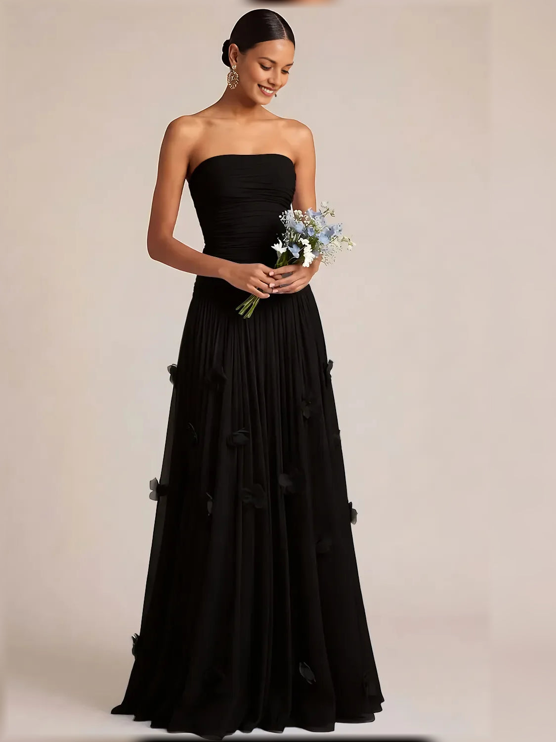 Black a-line floor-length formal dress with pleated skirt, alternate view