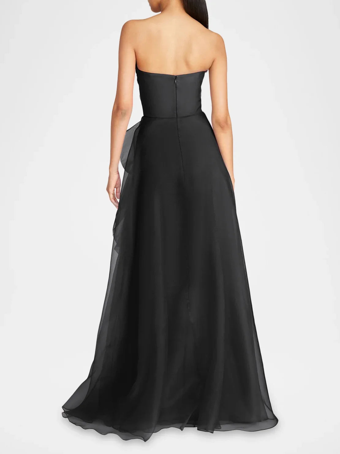 Fuchsia a-line floor-length formal dress with draping, alternate view showing the hem