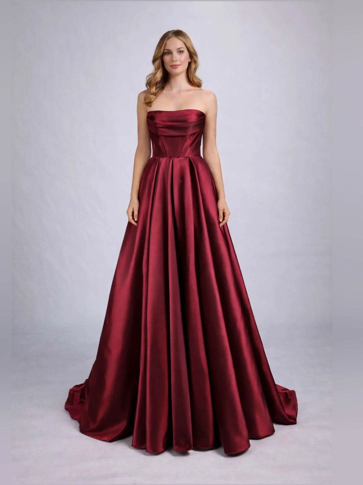 Burgundy a-line floor-length formal dress with corset-style bodice, alternate view