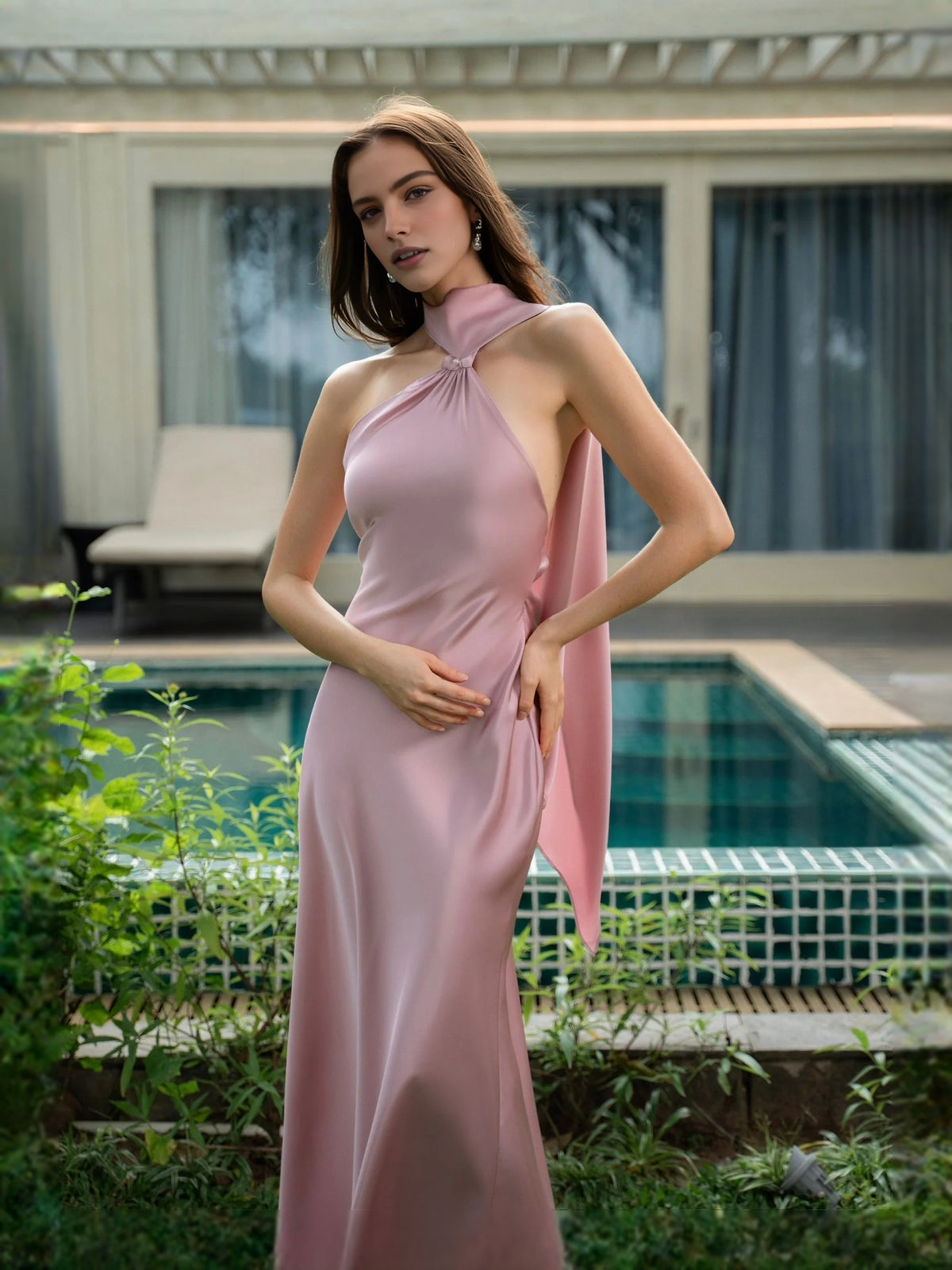 Mist Blue maxi prom dress, alternate view showing the full-length profile