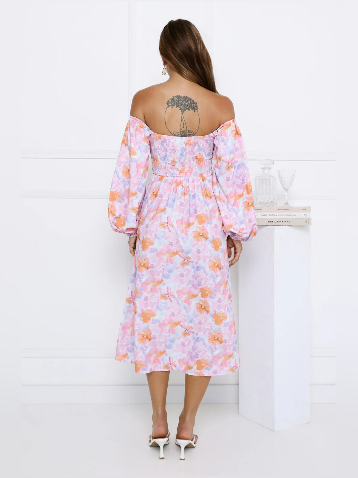 Multi midi formal dress with floral print, alternate view showing the hem