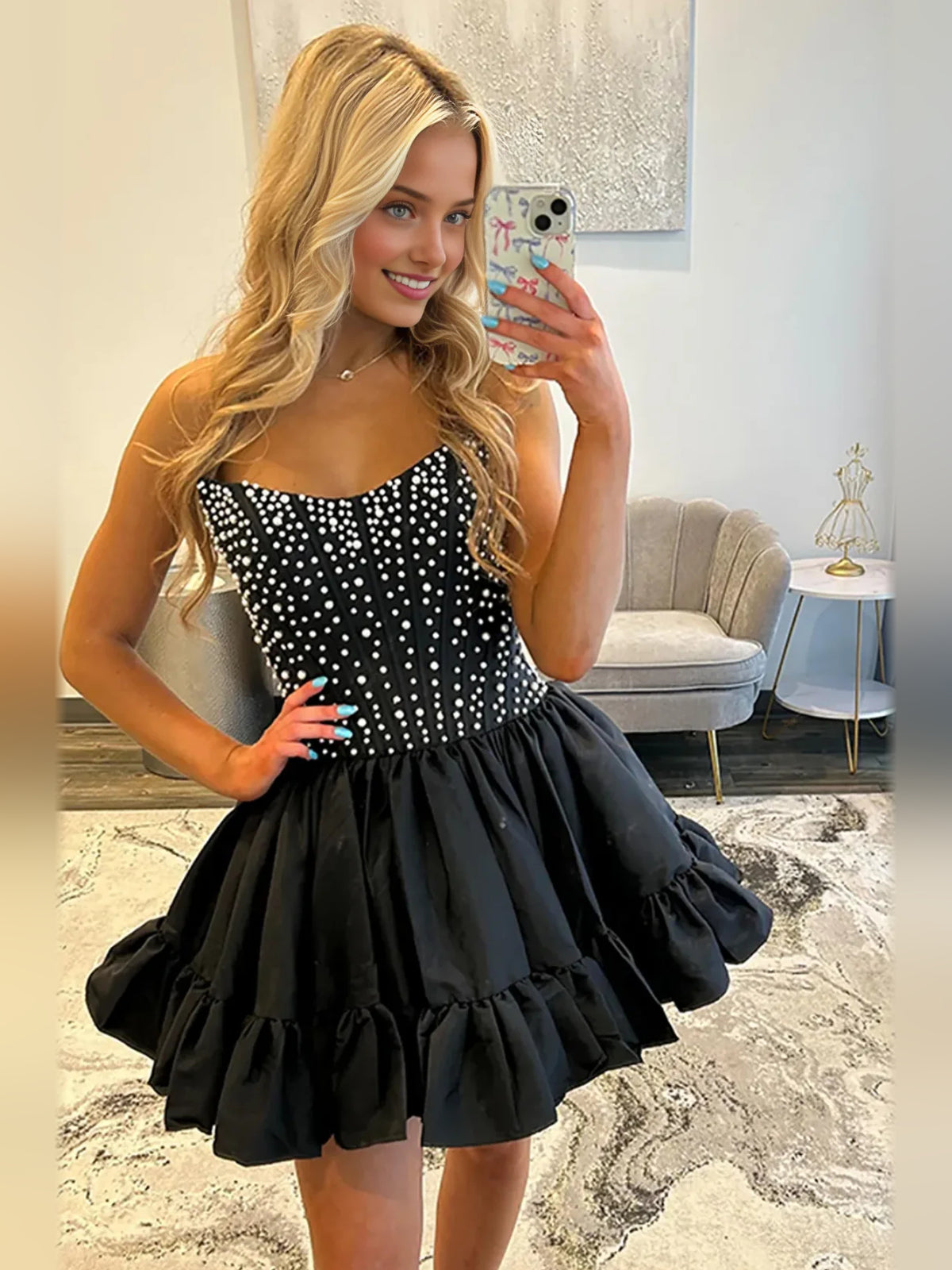 Black mini homecoming dress, alternate view showing the full-length profile