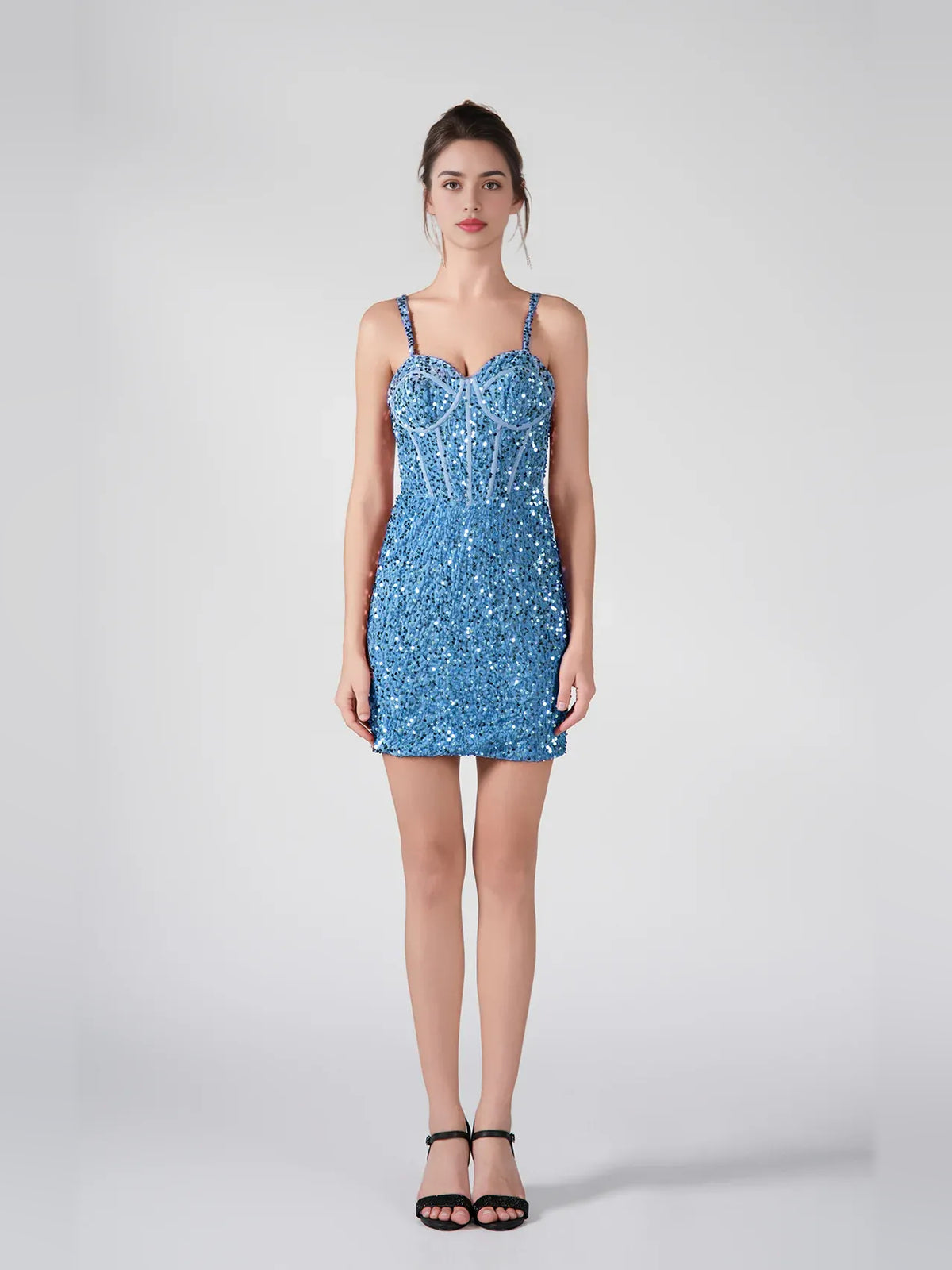 Blue mini homecoming dress, alternate view showing the full-length profile