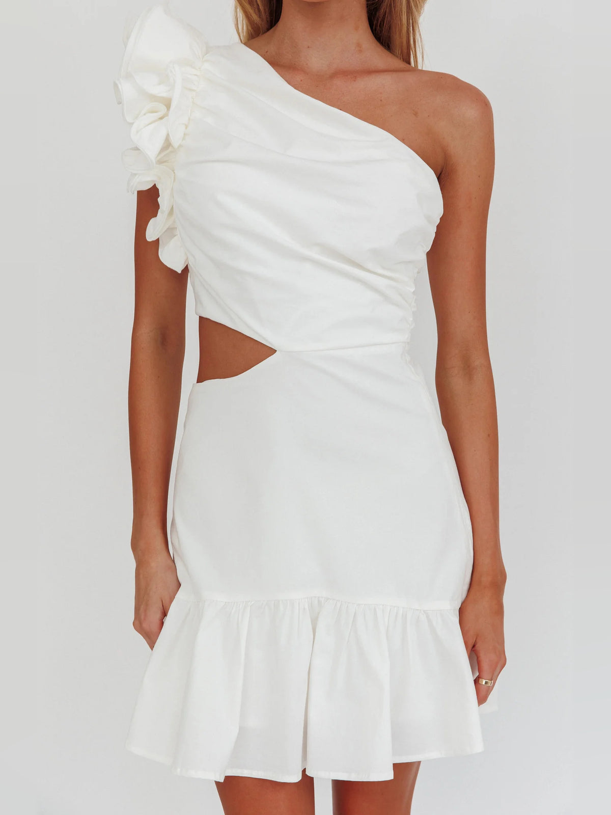 White mini homecoming dress, alternate view showing the full-length profile