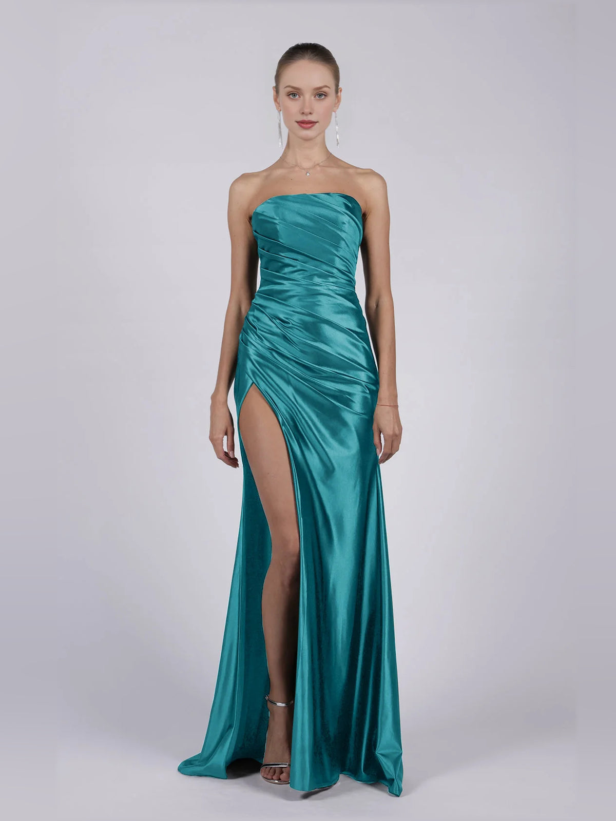 Teal mermaid floor-length formal dress with skirt slit, alternate view