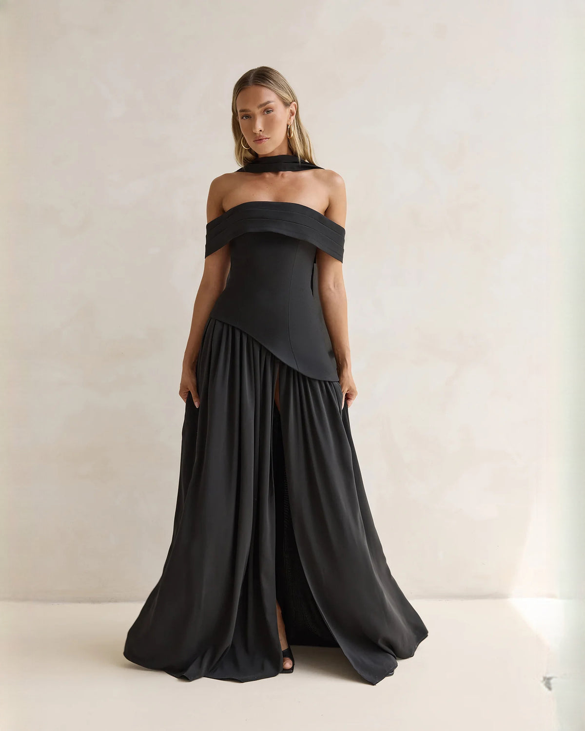 off-shoulder satin a-line maxi bridesmaid dress - image 6
