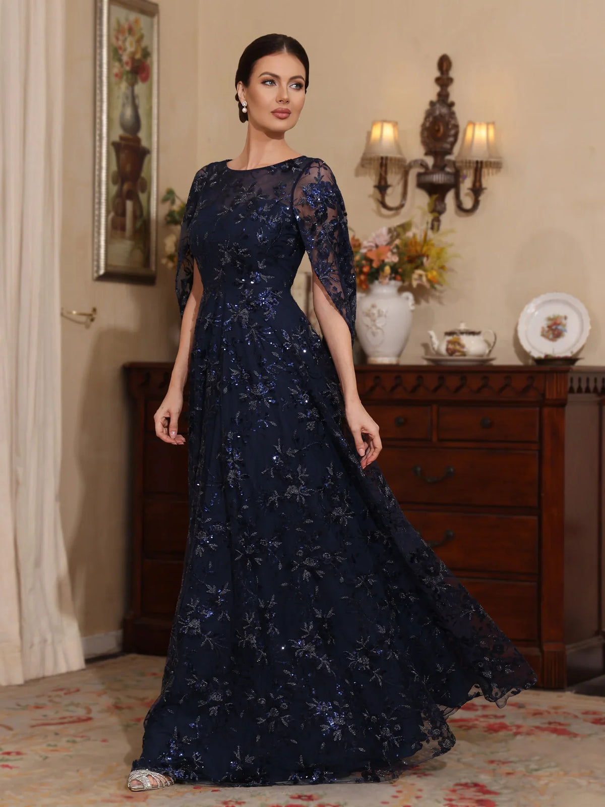 Dark Navy floor-length mother of the bride dress, alternate view showing the full-length profile