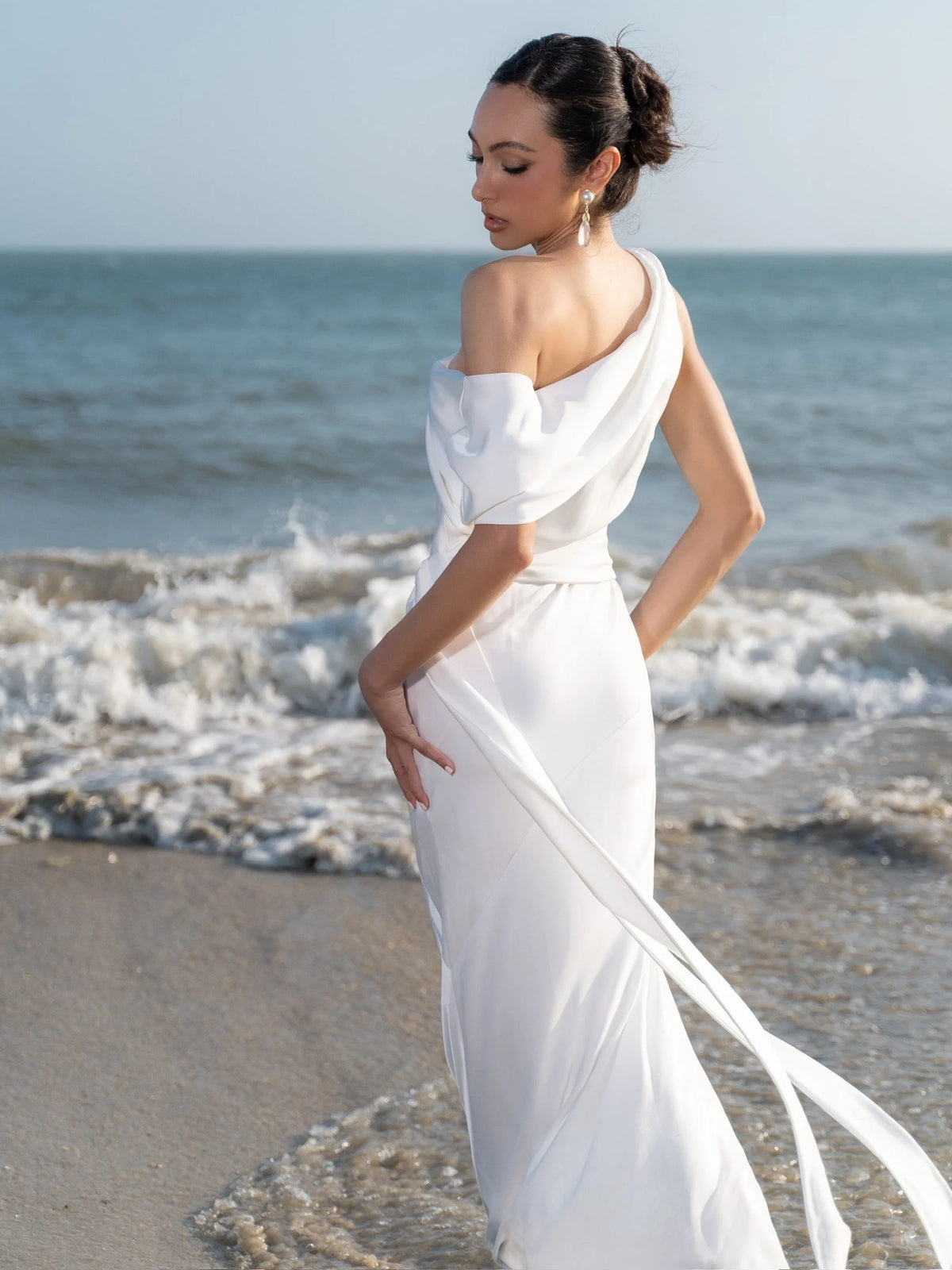 White midi wedding dress, alternate view showing the full-length profile