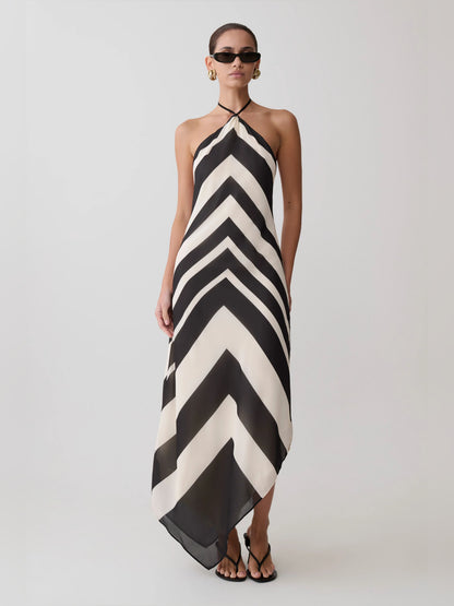 White midi formal dress with halter neckline, alternate view showing the hem