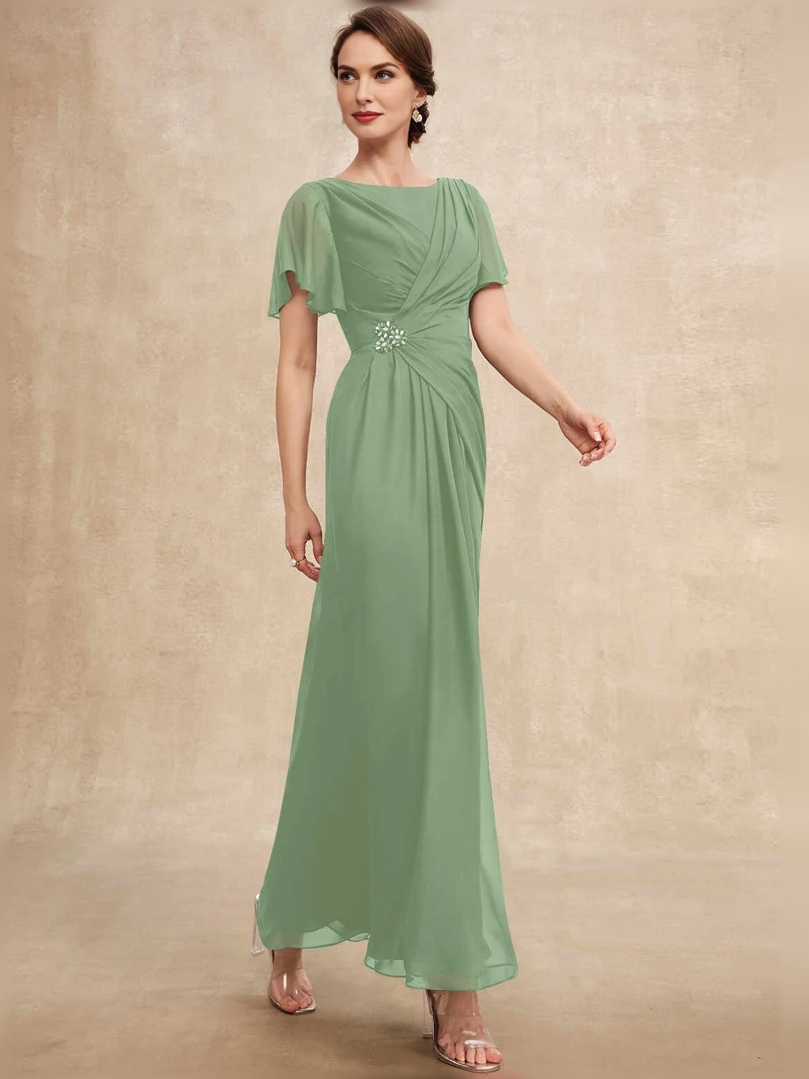 Dusty Sage maxi mother of the bride dress, alternate view showing the full-length profile