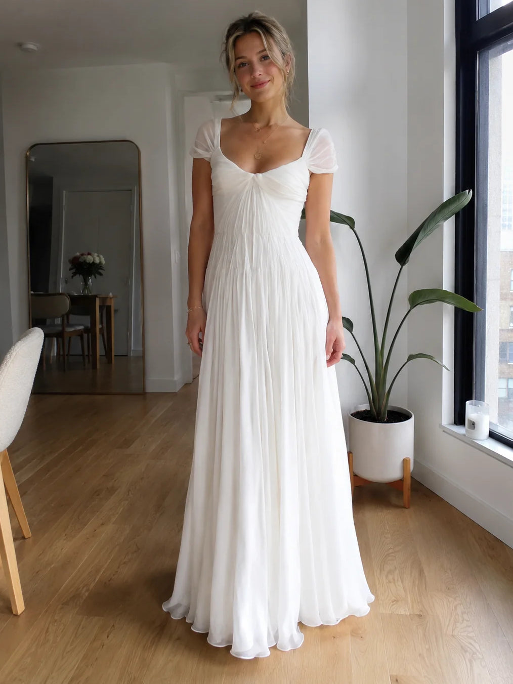 Ivory short wedding dress, alternate view showing the full-length profile