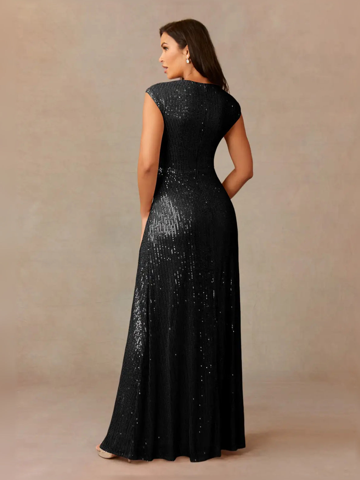 Champagne column floor-length formal dress with sequins, alternate view showing the hem