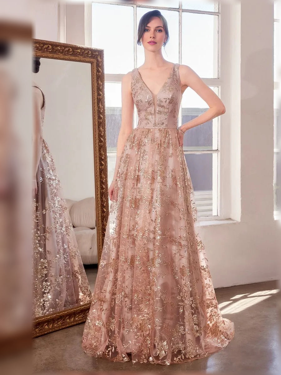 Champagne a-line floor-length formal dress with draping, alternate view