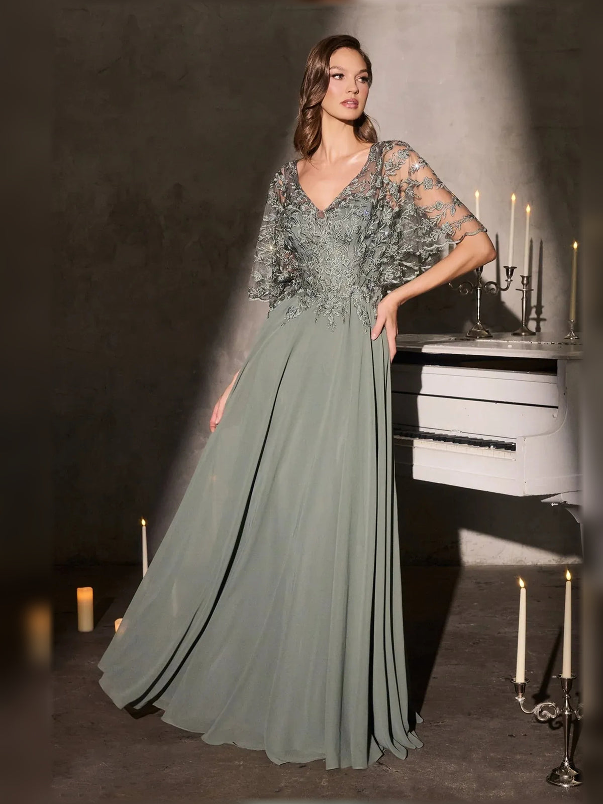 Dusty Sage floor-length mother of the bride dress, alternate view showing the full-length profile