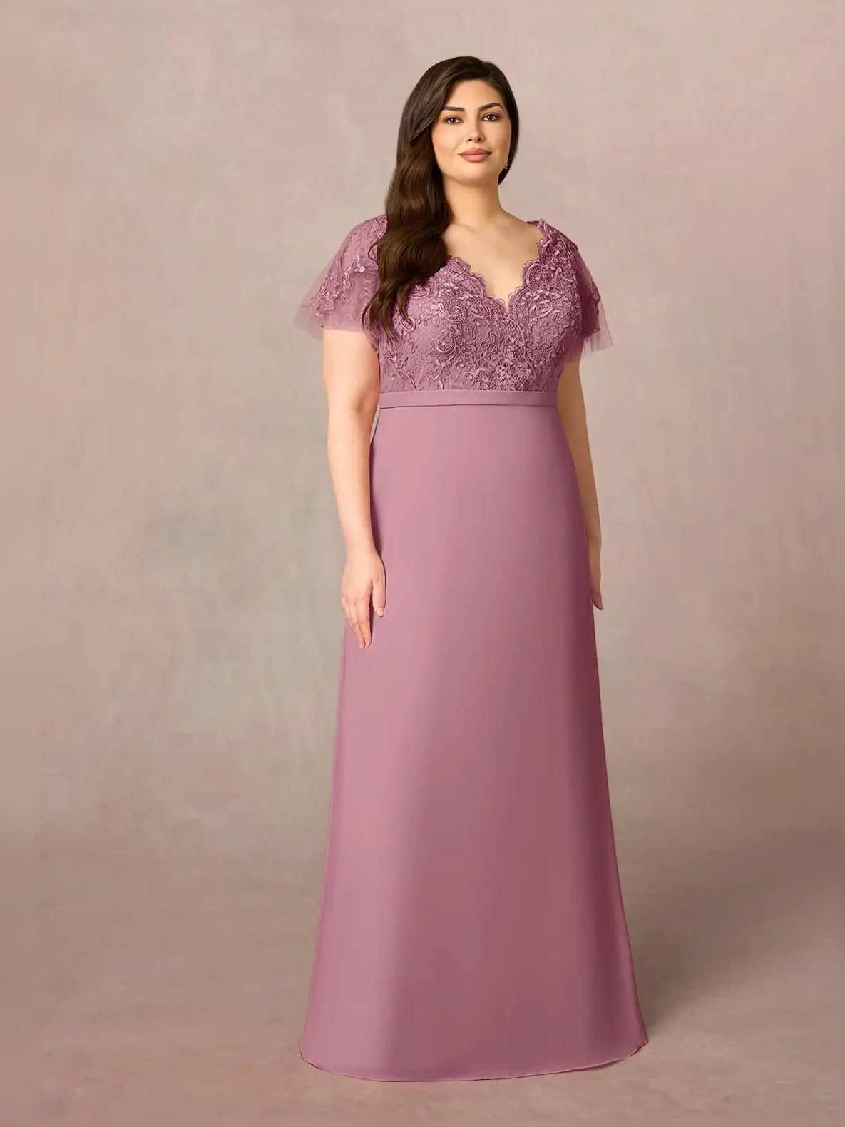 Dusty Pink floor-length mother of the bride dress, alternate view showing the full-length profile