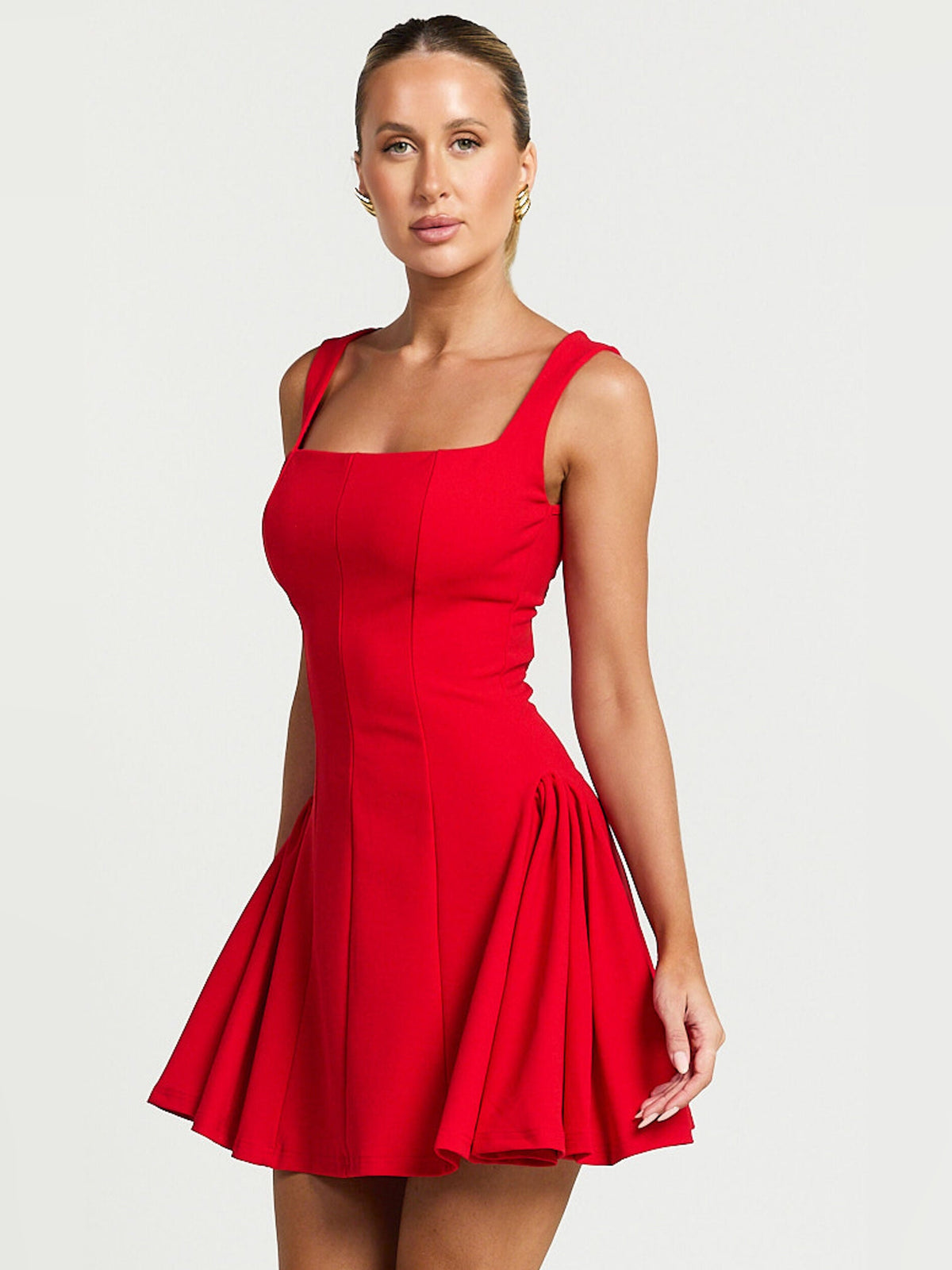 Red mini homecoming dress, alternate view showing the full-length profile