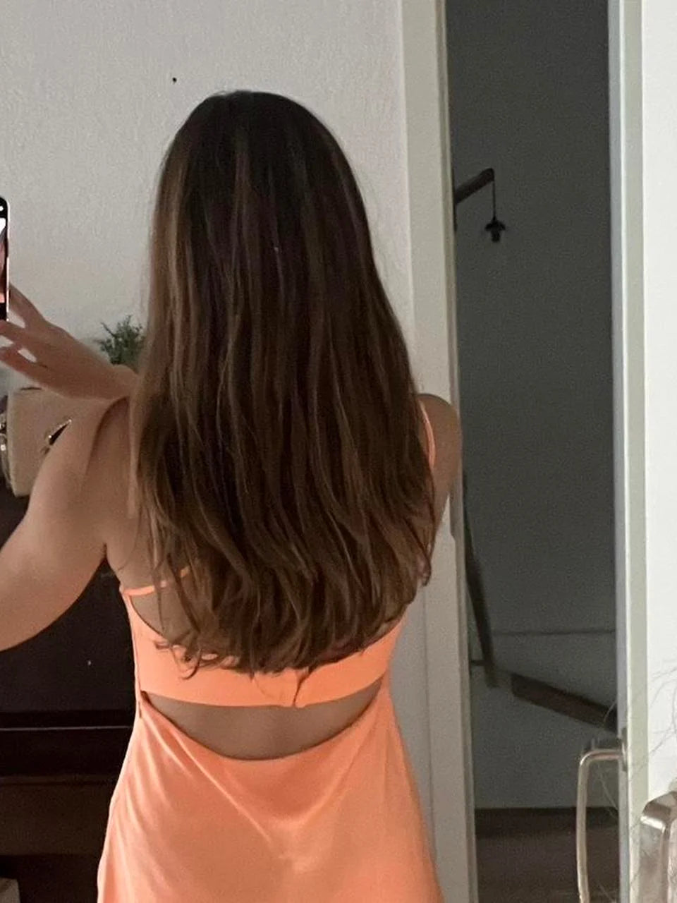 Orange mini homecoming dress, alternate view showing the full-length profile