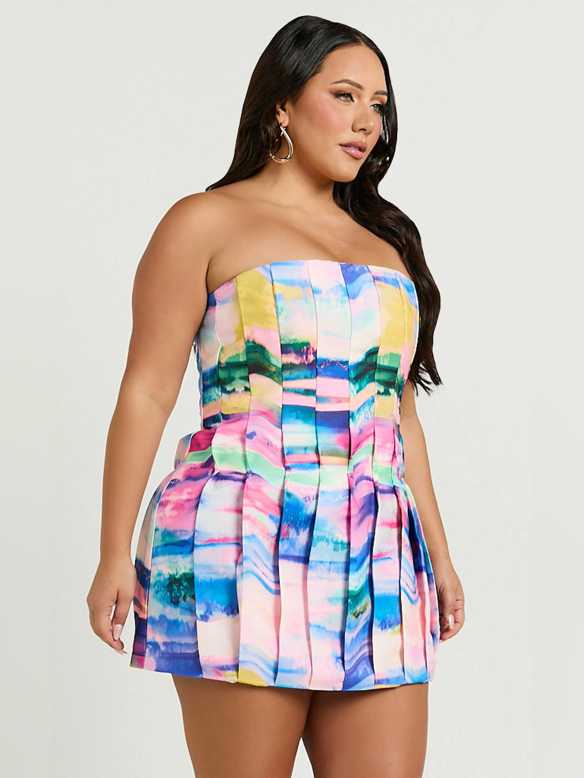 Print mini homecoming dress, alternate view showing the full-length profile