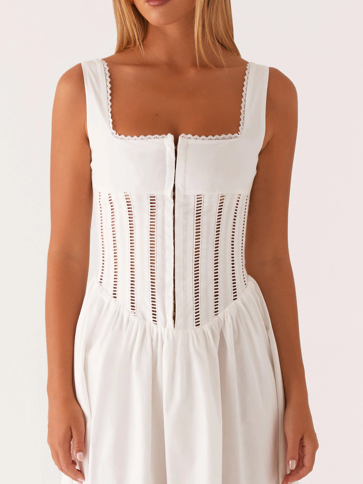 White midi formal dress, alternate view showing the hem