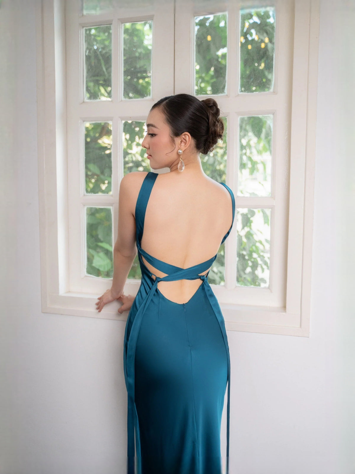 Champagne floor-length prom dress, alternate view showing the full-length profile