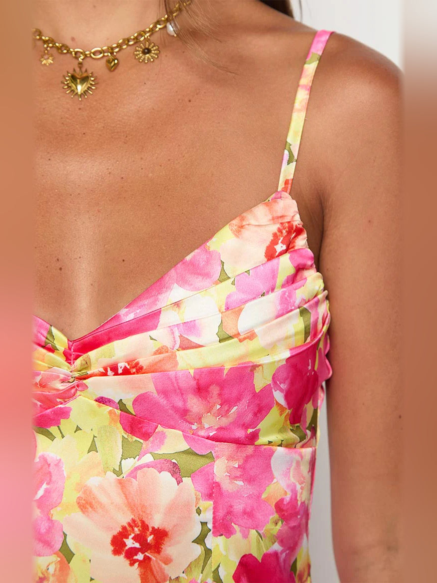 Yellow Floral mini homecoming dress, alternate view showing the full-length profile
