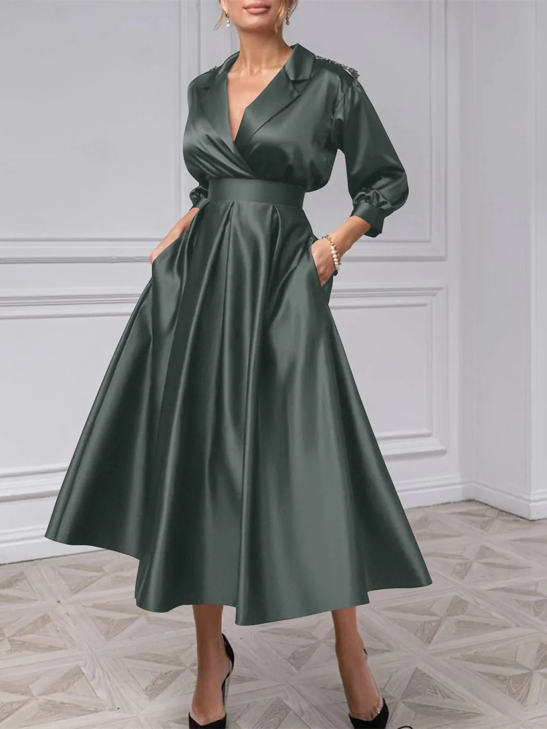 Grey midi mother of the bride dress, alternate view showing the full-length profile