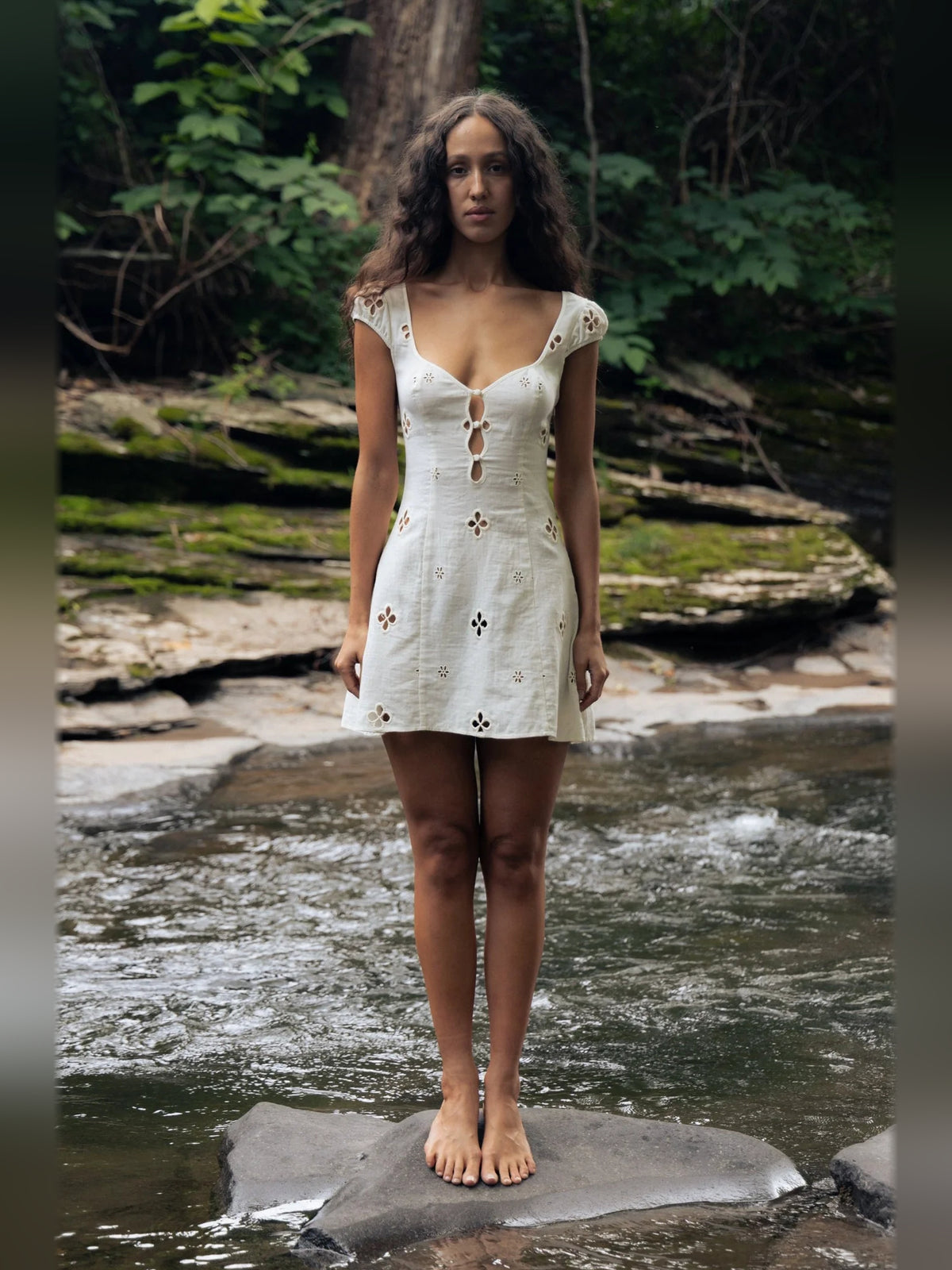 Ivory mini homecoming dress, alternate view showing the full-length profile